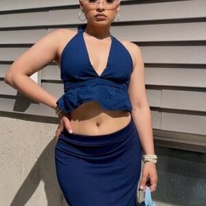 Blue jean material halter crop top